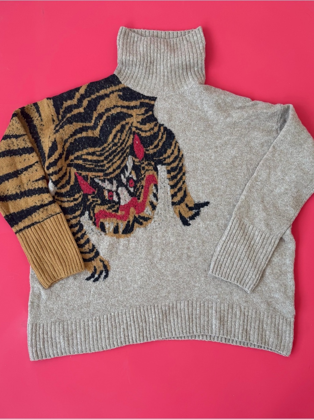 H&M Beige Turtleneck Oversized Sweater with Tiger Intarsia and Tan Sleeve